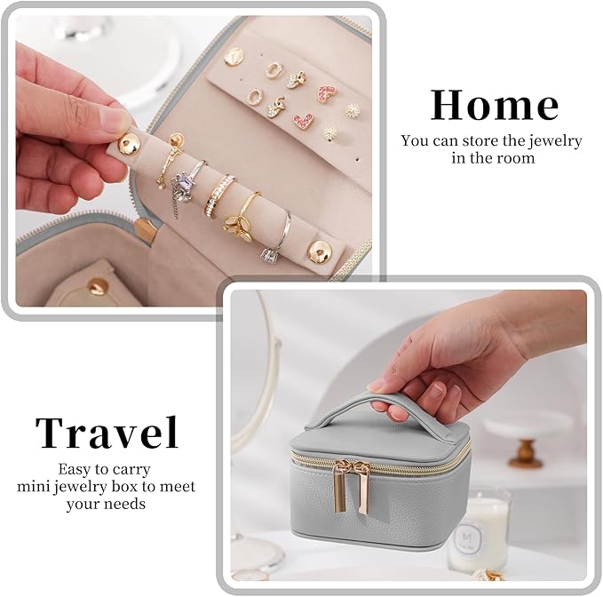 PU Leather Travel Jewelry Organizer Case with 4 Pouches & Handle, Anti-Tangle Storage Box for Necklace, Earrings, Rings, Compact Jewelry Box for Women Gift (Grey)