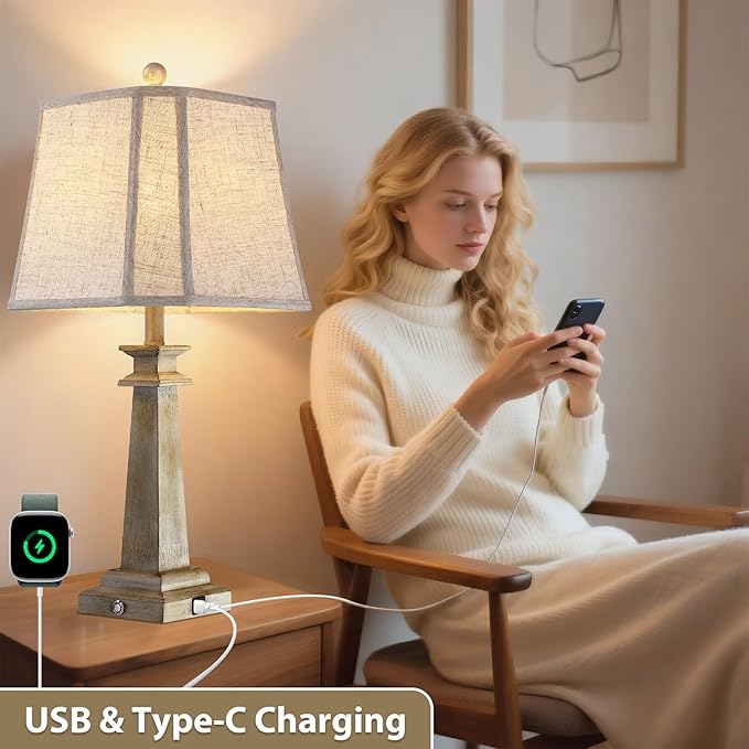 27.5" Table Lamp for Bedroom, 3-Way Dimmable Touch Lamp for Nightstand, Farmhouse Table Lamp for Living Room with USB A+C Charging Ports, Bulb Included (Antique White)