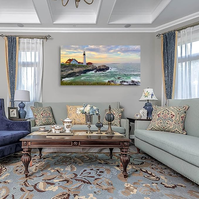 tigeridge Portland Head Light Wall Art Sunset Lighthouse Canvas Wall Art for Living Room Ocean Canvas Pictures Seascape Artwork Canvas Prints Office Home Wall Decor Framed Ready to Hang 20" x 40"