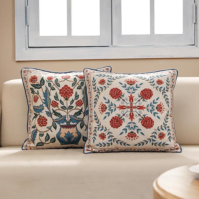 patdrea Designer Throw Pillow Covers Set of 2,Square Brilliant Vintage Red Tropical Linen with Floral Pattern Pillow Cover,Decorative Pillowcases Cushion for Bed Living Room Outdoor Car,18"x18"