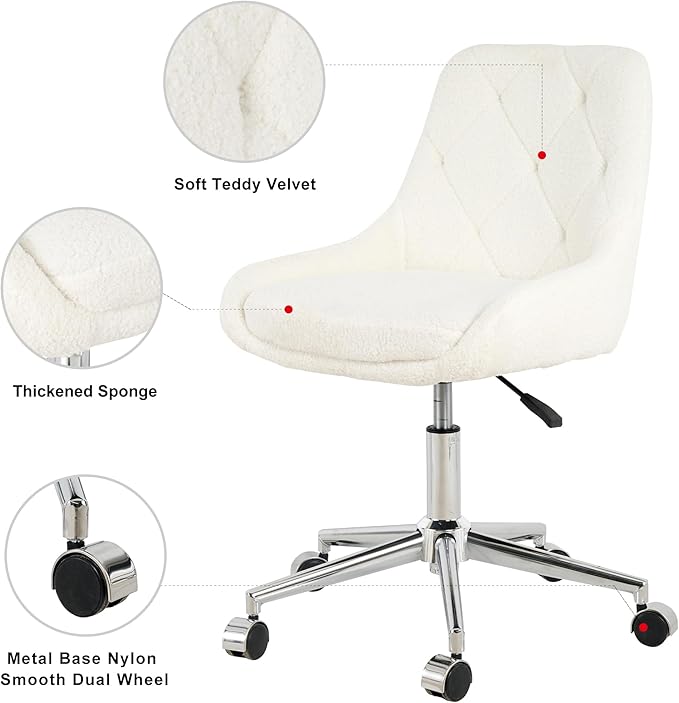 Furnimart 360° Swivel Rolling Desk Chair, Height Adjustable Vanity Chair with Silver Legs, Cute Task Chair with Wheels for Dorm Bedroom Studying Small Places (Teddy Beige)