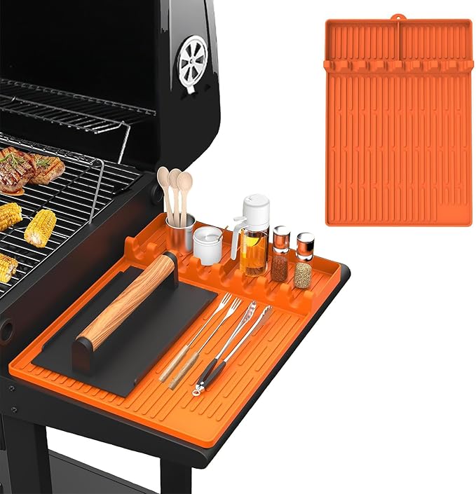 Silicone Griddle Tools Mat for Blackstone，Side Shelf Heat Resistant Spatula Mat，16x11.5 Inch Large Silicone Grill Pad with Drip Pad(Orange)