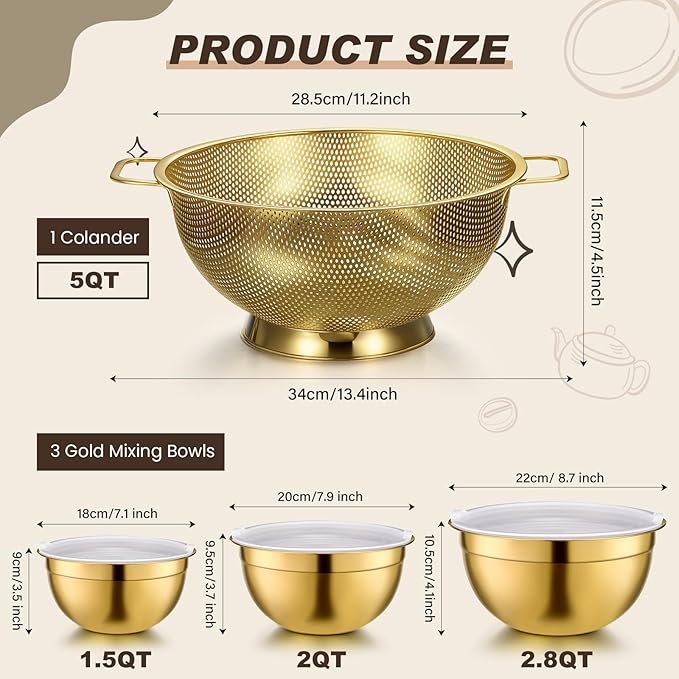 Baderke 7 Pcs Gold Kitchen Accessories Includes Stainless Steel Colander with Handles, 3 Gold Mixing Bowls with Airtight Lids and 3 Fine Mesh Strainer (Colander: 5 Qt, Mixing Bowls: 1.5/2/3 Qt)