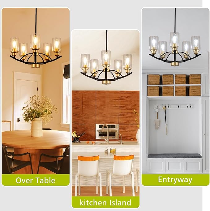 9MMML 5 Lights Glass Chandelier,Wrought Iron Pendant Light Fixtures, Gold+Black Finish Kitchen Island Lighting for Dining&Living Room Foyer Bar