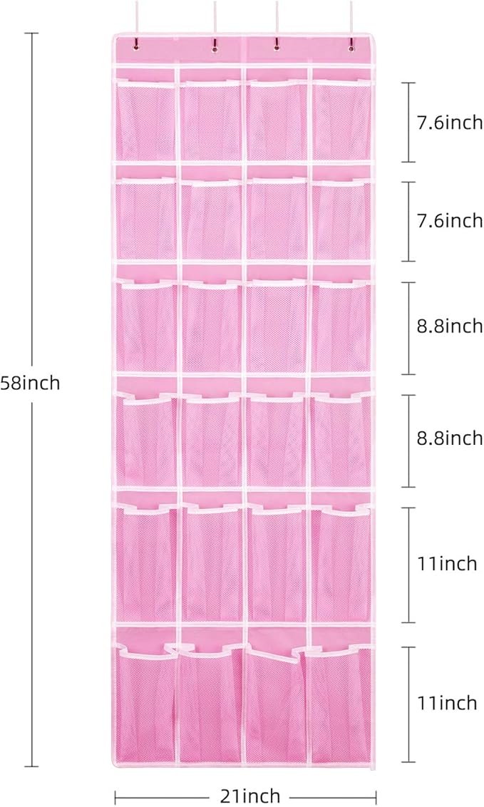 Hanging Shoe Organizer, Over The Door Shoe Organizer with 24 Breathable Mesh Pockets for Men Women Kids Hanging Shoe Storage Rack Organizer Size:58x21 Inch（Pink）
