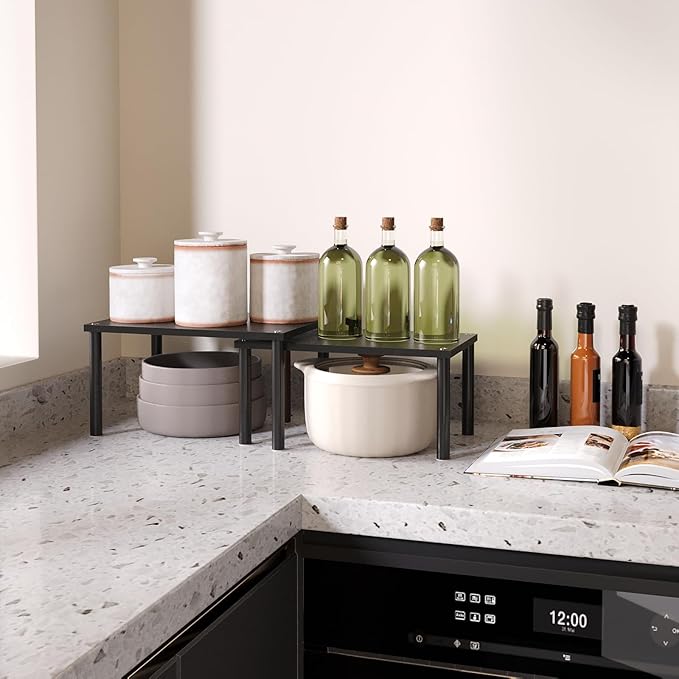 Cabinet Organizer Shelf(Set of 2),Kitchen Counter Shelves,Bamboo Spice Rack Countertop and Cabinet,Stackable Expandable,Medium(Black)