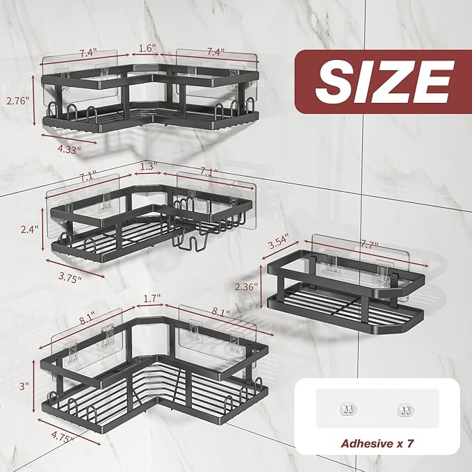 Adhesive Corner Shower Caddy with Soap Holder - Rustproof, No Drilling Shelves Wall Mounted, Organizer for Bathroom, Kitchen & Home Decor. Black, 4-Pack