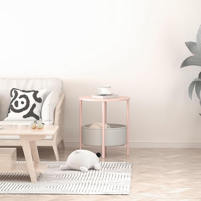 Round End Table with Fabric Basket, Bedside Table with Storage, Morden Round Nightstand, Samll Side Table for Living Room，Bathroom，Bedroom, Nursery, Laundry, Pink