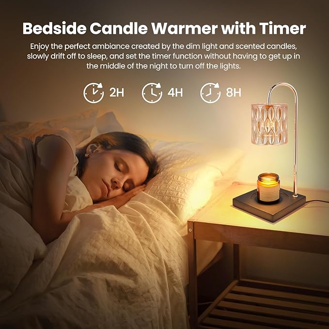 Dimmable Candle Warmer with Timer for Jar Candles, Glass Nightstand Lamp (2 Wax Warmer Bulbs)