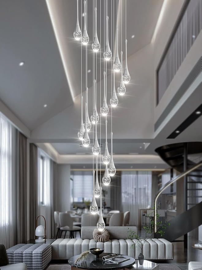H138 Modern Chandelier for High Ceiling 26-Lights Chrome Raindrop Chandeliers Crystal Pendant Light Fixture Large Chandelier for Staircase Foyer Villa Dimmable LED Hanging Light