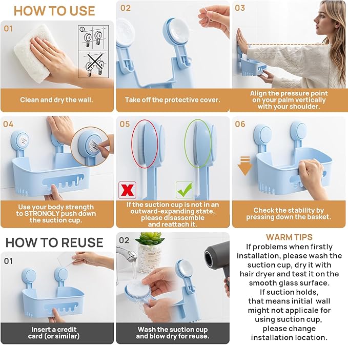 LEVERLOC Shower Caddy Suction Cup Set Shower Organizer & Soap Holder & Toothbrush Holder, Bathroom Shelf Basket NO-Drilling, Removable Suction Storage Waterproof Bathroom Caddy, Blue