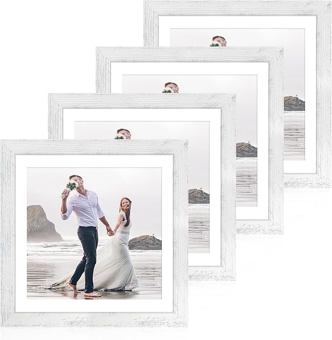 12x12 Picture Frame Set of 4 with Tempered Glass, Display 10x10 Pictures with Mat or 12 x 12 Without Mat, Wooden Photo Frames for Tabletop Display and Wall Mounting