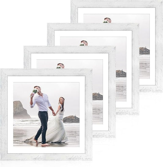 12x12 Picture Frame Set of 4 with Tempered Glass, Display 10x10 Pictures with Mat or 12 x 12 Without Mat, Wooden Photo Frames for Tabletop Display and Wall Mounting