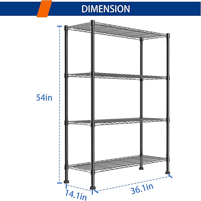 REGILLER 4-Wire Shelving Metal Storage Rack Adjustable Shelves,Standing Storage Shelf Units for Laundry Bathroom Kitchen Pantry Closet(Black,14.1" D x 36.1" W x 54" H)