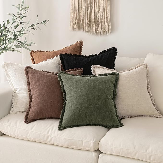 MIULEE Decorative Throw Pillow Covers Neutral Linen Fringe Throw Pillows Set of 2 Dark Coffee Boho Farmhouse Cushion Covers with Tassels for Couch Sofa Bed Living Room Spring Home Decor 20x20 Inch
