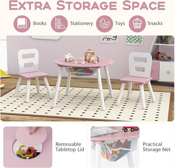 Costzon Kids Table and Chair Set, Wood Activity Table w/Center Mesh Storage, Children Furniture Gift for Boys & Girls, Ideal for Arts, Crafts, Snack Time, Homework, Toddler Table and Chair Set (Pink)