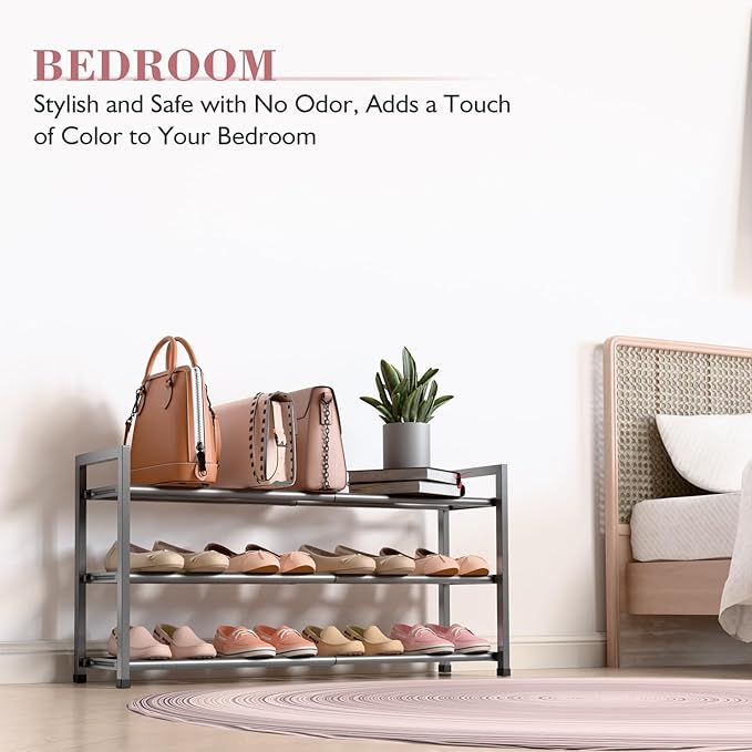 Bumusty 3-Tier Expandable Shoe Rack for Closet, 18“-33” Adjustable Shoe Rack for Small Space, Small Shoe Organizer for Front Door, Sturdy Metal, Gray