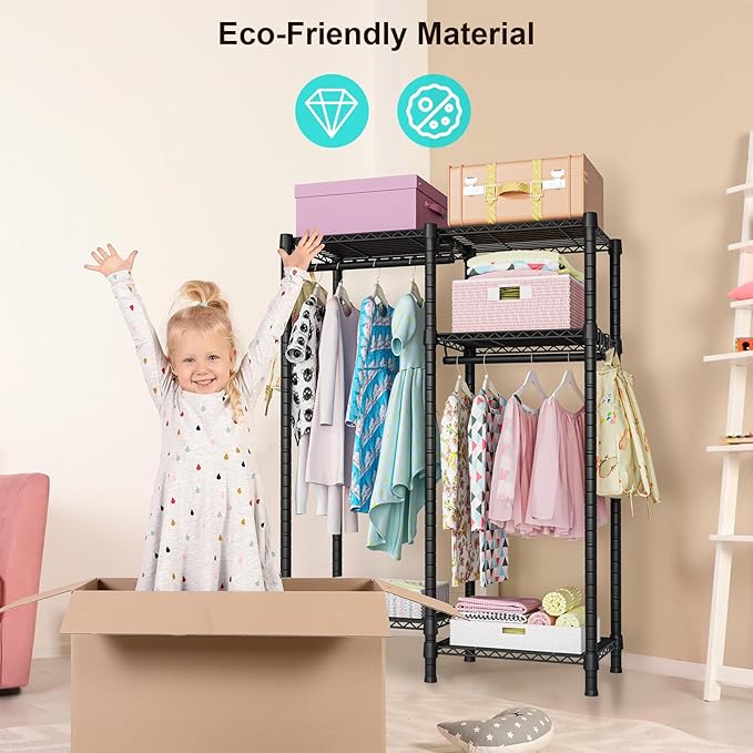 Ulif F1 Garment Rack for Kids, Baby, Students, and Children's Room, 4 Tiers Freestanding and Portable Heavy Duty Closets, Small Metal Clothes Rack with 2 Hanging Rod, 31.2" W x 11.8" D x 48" H, Black