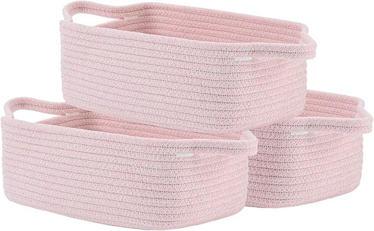 KALLAX Small Woven Basket, 12 x 8 x 4.5 Inches, Small Storage Baskets for Organizing, Gift Baskets Empty, Cute Rope Shelf Closet Storage Bins for Shelves, Dog Toy Basket, 3 Packs, Light Pink