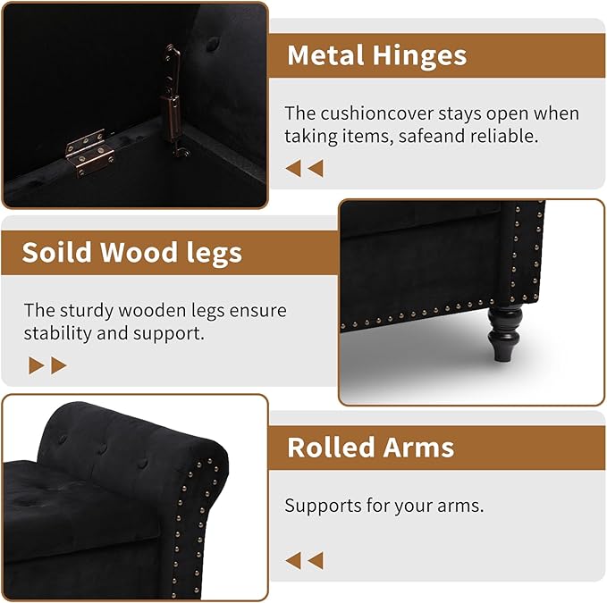 Storage Ottoman Bench with Arms, Velvet End of Bed Bench for Bedroom, Button Tufted Storage Bench for Entryway, Living Room,Hallway, Large Storage Bench Foot Rest (New Black)