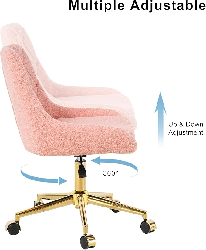 Furnimart 360° Swivel Rolling Desk Chair, Height Adjustable Vanity Chair with Gold Legs, Pink Cute Task Chair with Wheels for Dorm Bedroom Studying Small Places (Teddy Pink)