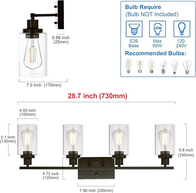 MELUCEE 4 Lights Wall Sconce Lighting Oil Rubbed Bronze Finished with Clear Glass, Bathroom Vanity Light Fixtures Wall Lights Bedroom Porch Kitchen Living Room (Patent No.: US D963914 S)
