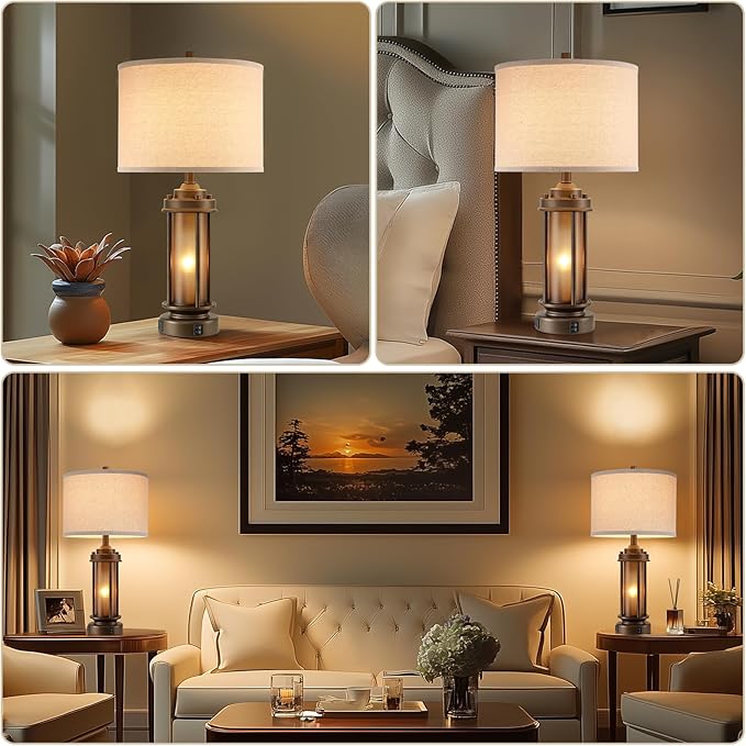 Set of 2 Farmhouse Table Lamps for Living Room, Rustic Vintage Bedside Lamps with 2 USB Ports, Bedroom Nightstand Lamp with Amber Glass Nightlight for End Table Entryway, 4 Bulbs Includes