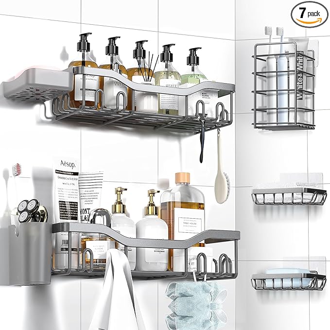 Shower Caddy Adhesive Shower Organizer 7-Pack, Rustproof Stainless Steel Bathroom Shelves, Large Capacity No-Drill Rack Storage Accessories with Soap Dish Toothbrush Holder Hooks (Gray)