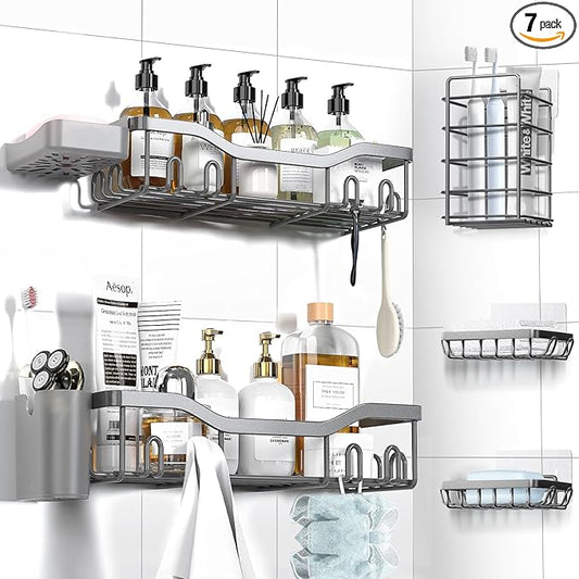 Shower Caddy Adhesive Shower Organizer 7-Pack, Rustproof Stainless Steel Bathroom Shelves, Large Capacity No-Drill Rack Storage Accessories with Soap Dish Toothbrush Holder Hooks (Gray)