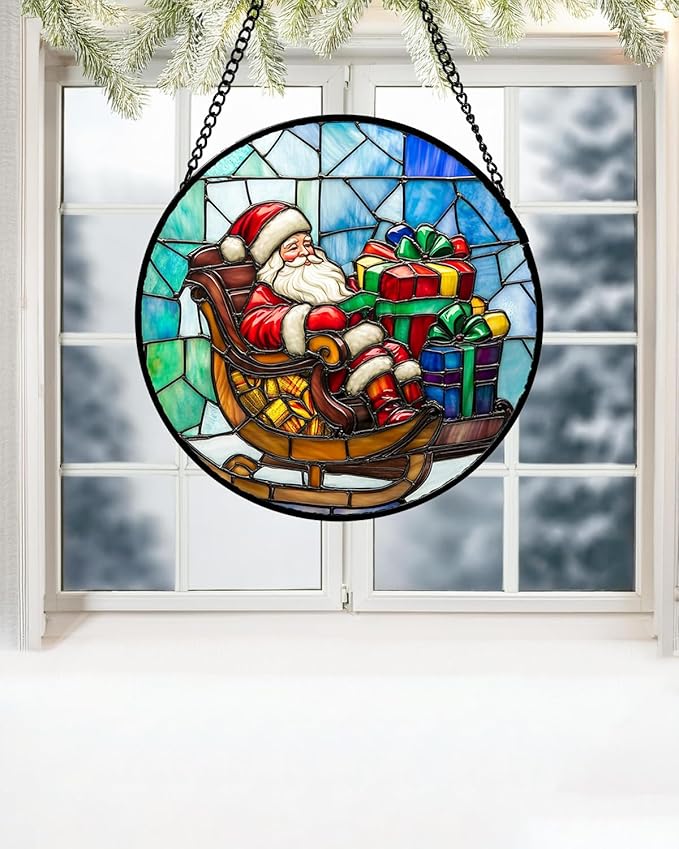 Stained Glass Window Hanging - Santa Claus Gift BoxSuncatcher for Doors Home Christmas Decoration Winter Sun Catcher Thanksgiving New Year Birthday Gift for Women Men Mom Nana 15 in