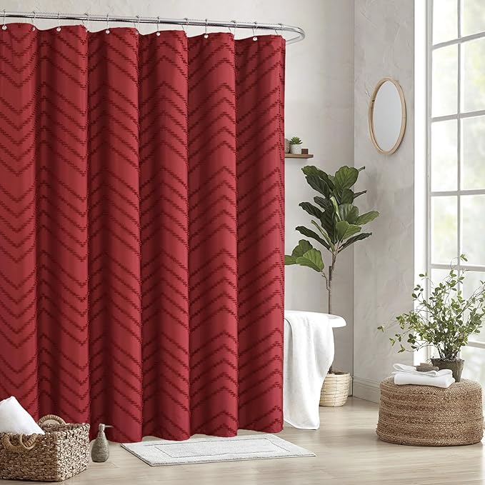 Burgundy Shower Curtain Boho Farmhouse Shower Curtain 72 x 72 Tufted Chevron Textured Minimalist Shower Curtains for Bathroom