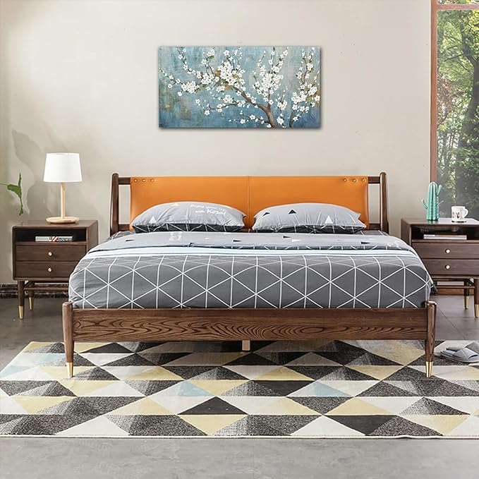 Elegant Flowers Canvas Wall Art - Plum Blossom Pictures for Wall Decor Rustic Turquoise Canvas Painting Nature Printing Artwork for Living Room Bedroom Home Office Wall Decoration 20" x 40"