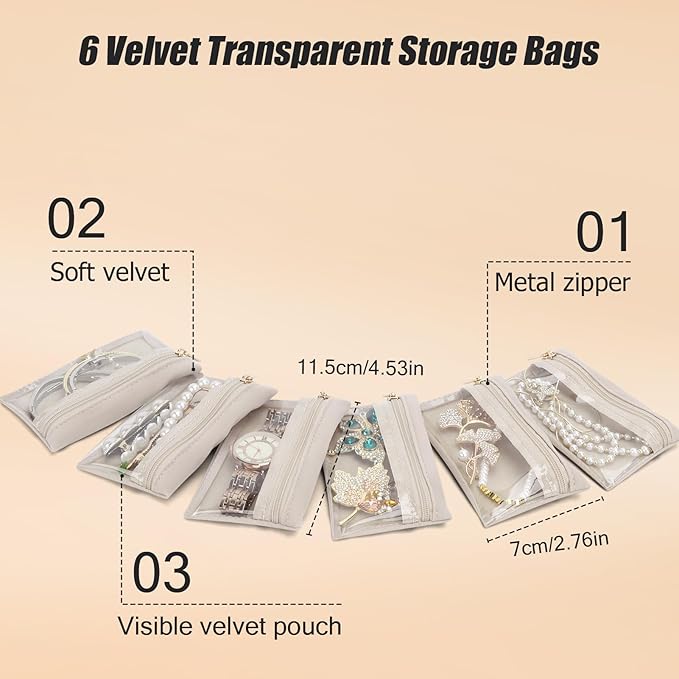 DesignSter Small Jewelry Box, Travel Small Jewelry Organizer with Earring Tray and Ring Holder, Square Travel Jewelry Storage Case with 6 Velvet Jewelry Pouches, Black