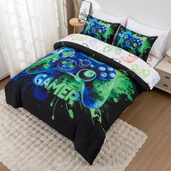 NTBED Game Console Comforter Set for Boys Girls Kids Tie Dye GamingLightweight Microfiber Gamer Bedding Sets (Blue Green, Full 5Pcs)