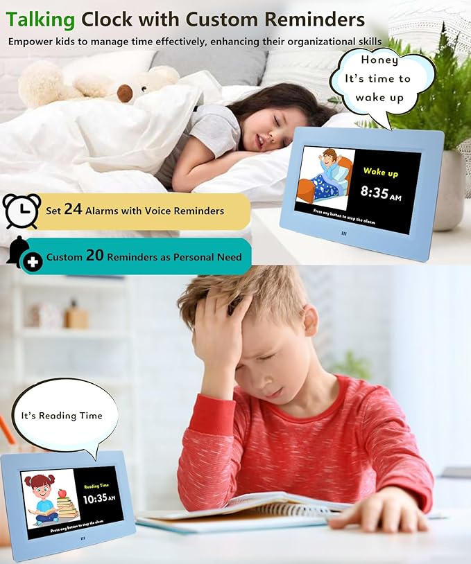 MASSII 2025 Digital Teaching Clock Talking Time, 24 Alarms Custom Reminders, Checklist to-Do List, Auto DST & Calendar Display, Sleep Trainer, Easy to Use for Kids Birthday Gift- Blue with Remote