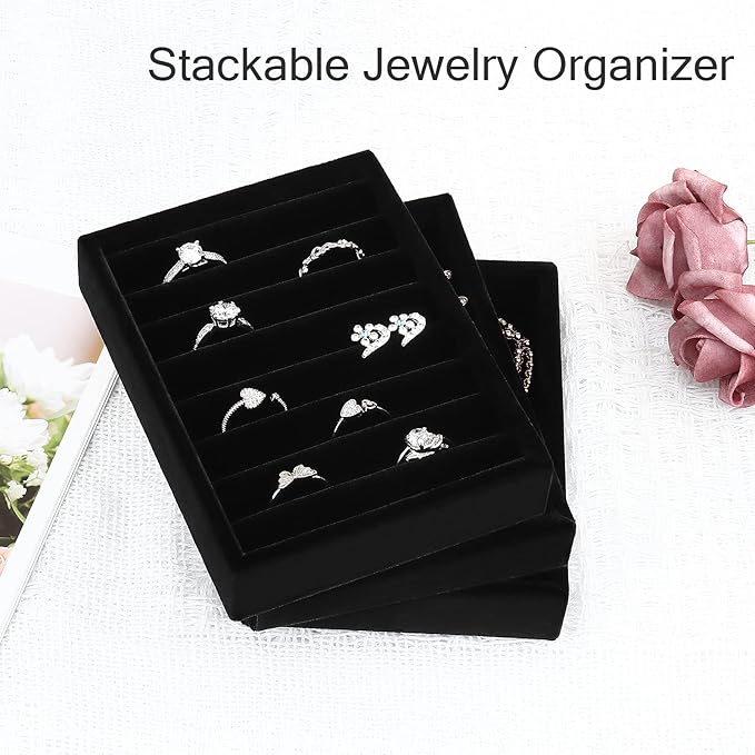 Small Jewelry Tray-Ring Organizer 2PCS Premium Velvet Rings Earrings Display Tray Storage Insert Holder for Jewelry Box, Drawer, Dresser (8 Slots, Black)