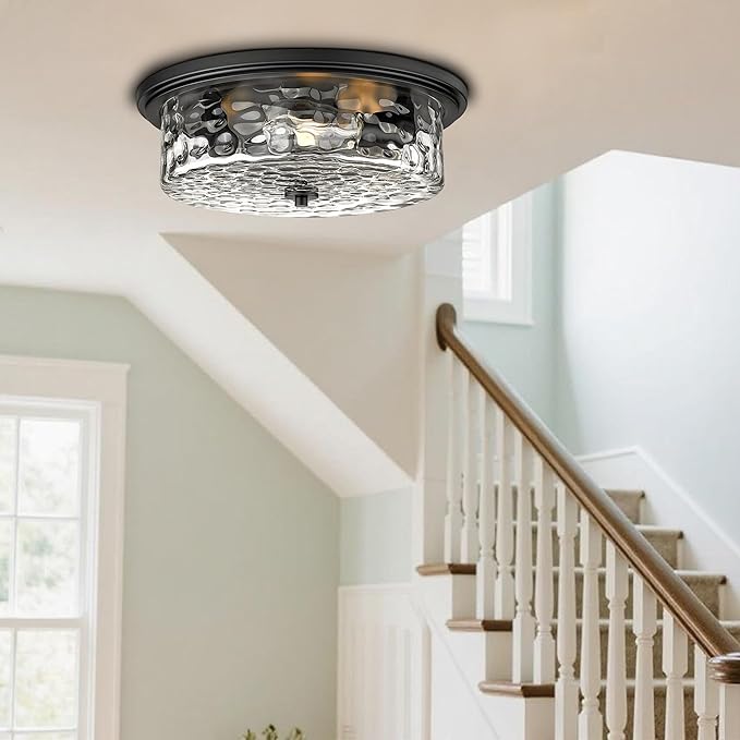 Industrial Flush Mount Ceiling Light, 16" 3-Light Modern Ceiling Light Fixture, Hammered Modern Kitchen Ceiling Light for Bedroom, Living Room, Kitchen Island (Black)