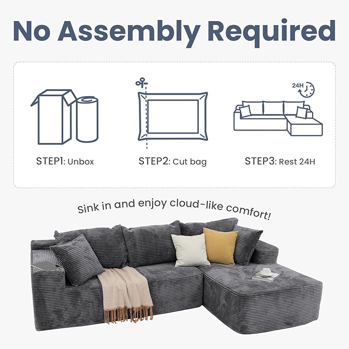 OC Orange-Casual 106.3" Cloud Sectional Couch with L-Shape Chaise,No Assembly Required Modular Sofa,Upholstered Boneless Couches for Living Room, Plush Corduroy Fabric (Grey, Right Facing Chaise)