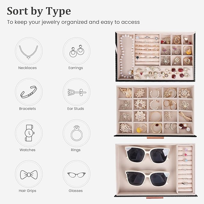 Dajasan Jewelry Boxes for Women, Jewelry Storage Organizer with 2 Drawers, Jewelry Organizer Box for Necklaces Rings Earrings Bracelets, Gift Idea, 10.71 x 7 x 5.6 Inches (Black)