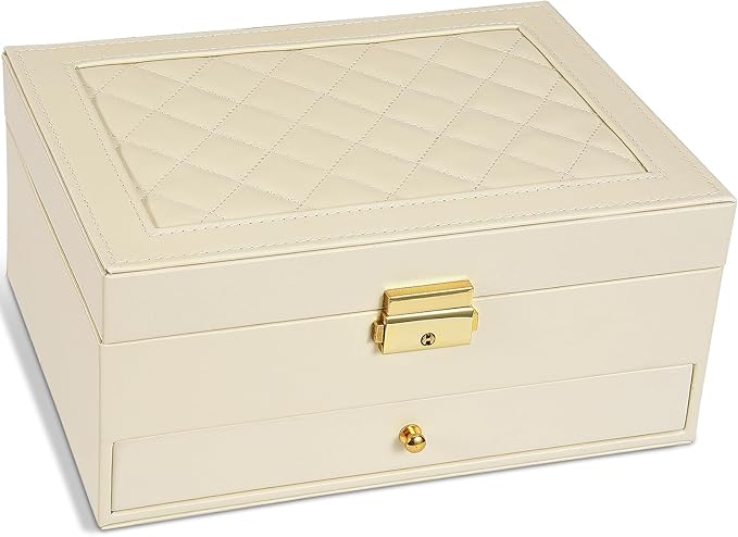 2-Layer Jewelry Box for Women, Jewelry Organizers and Storage with Removable Jewelry Tray, Vintage Quilted Top Lockable Jewelry Holder Gift Idea Apricot