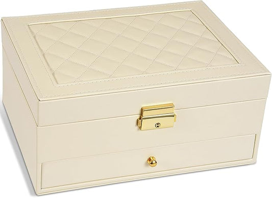 2-Layer Jewelry Box for Women, Jewelry Organizers and Storage with Removable Jewelry Tray, Vintage Quilted Top Lockable Jewelry Holder Gift Idea Apricot
