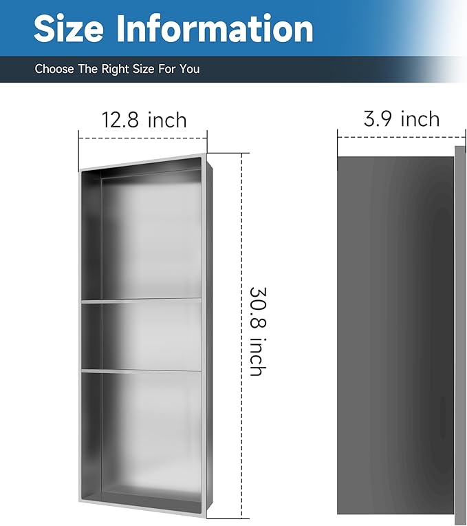 12" X 30" Shower Niche Insert Tile Ready, Niche for Shower Wall, 3-Tier Stainless Steel Recessed Shelves No Tile Needed for Bathroom Storage, Brushed Nickel