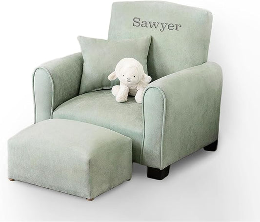 Toddler Personalized Armchair, Kids Upholstered Rocking Chair with Personalization, Toddler Chair with Personalized Name, Comfy Child Armchair, (Seafoam Green Suede, Legs)