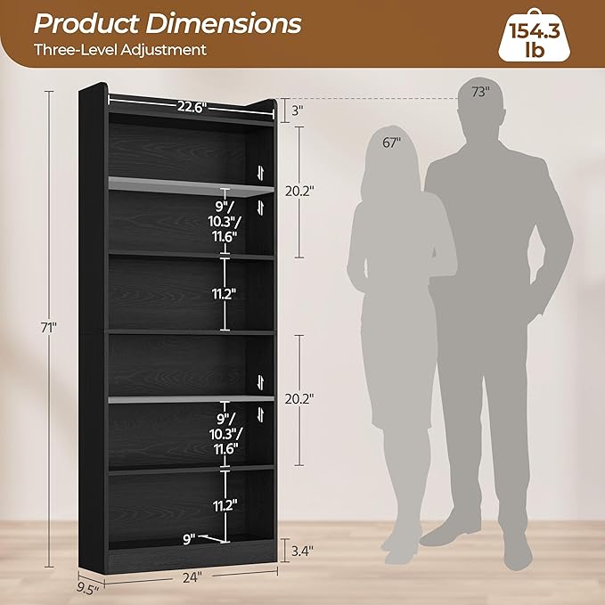 Yaheetech 7-Tier Open Bookcase and Bookshelf, Modern Simple Floor Standing Display Storage Shelves with Top Open Compartment for Home Office, Living Room, Bed Room - Black