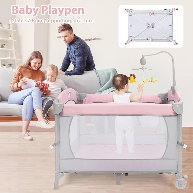SIMPLGIRL 5-in-1 Baby Bassinet Bedside Crib, Pack and Play Long Next to Bed Crib with Toys & Music Box, Mattress, Foldable Playard, Playpen Travel Bed Nursery Center for Infant Newborn