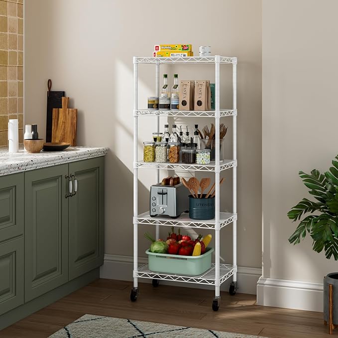 Small 5 Tier Shelves Storage Wire Shelving Unit Metal Shelf Adjustable Organizers Storage Shelving with Wheels for Bathroom Laundry Room Kitchen Pantry12”D x 18”W x 57.2”H White