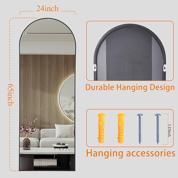 Full Body Mirror,65"x24" Standing Mirror,Nanometre Arched Full Length Mirrors,espejos para dormitorio,Full Size Mirrors (Black)