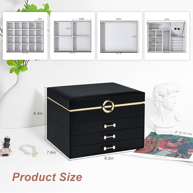 Jewelry Box，4-Layer Large Jewelry Organizers for Women with 3 Drawers,Storage Modern Style Jewelry Boxes Storage of Earrings Rings Bracelets Necklace（Black）