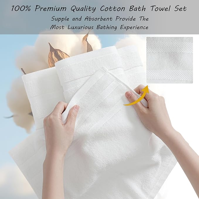 16-Piece Bath Towels Set, 100% Cotton Thick Soft Highly Absorbent Durable, Quick Dry, Bathroom Towels Set (4 Bath Towels, 4 Hand Towels, 8 Washcloths) - Perfect for Daily Use