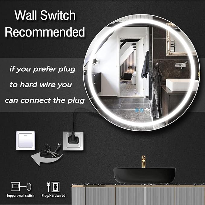 32 Inch Bathroom Round LED Mirror with Lights for Bathroom Wall Mounted Round Lighted Vanity Mirror with 3 Colors Lights Wall Mirror Dimmable Anti-fog Memory Bathroom Smart Circle LED Mirrors